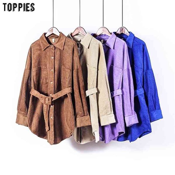 Jaqueta de primavera feminina Vintage Corduroy longa camisa solta casaco mulheres enorme cintura cintura feminina roupa 210421