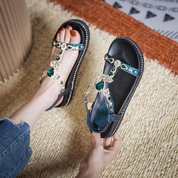 

sandals sandal woman summer 2021 ladies flat platform rhinestone roman open gladiator beach slippers women, Black