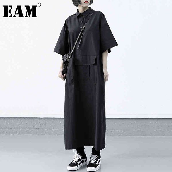 

[eam] women black pocket spliced big size shirt dress lapel half sleeve loose fit fashion spring summer 1dd8625 21512, Black;gray