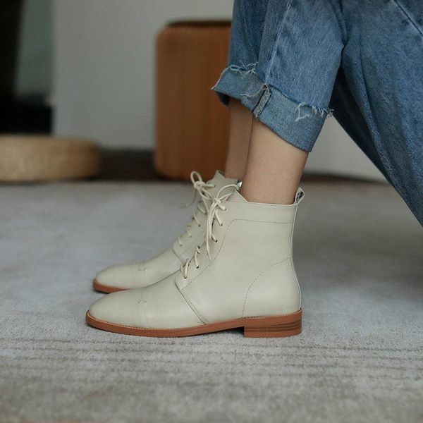 

boots sklfgxzy autumn winter genuine leather women with low lace-up women's shoes, Black