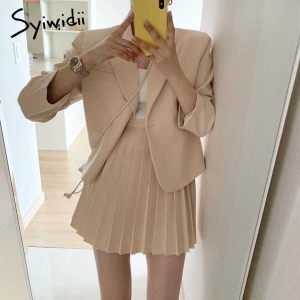 

syiwidii women skirt suits set spring 2 piece jacket work suit mini pleated skirts korean fashion office ladies blazer set 210708, White