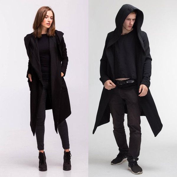 

men's hoodies & sweatshirts fashion men women casual open stitch hooded long cloak cape coat solid pocket loose clock, Black