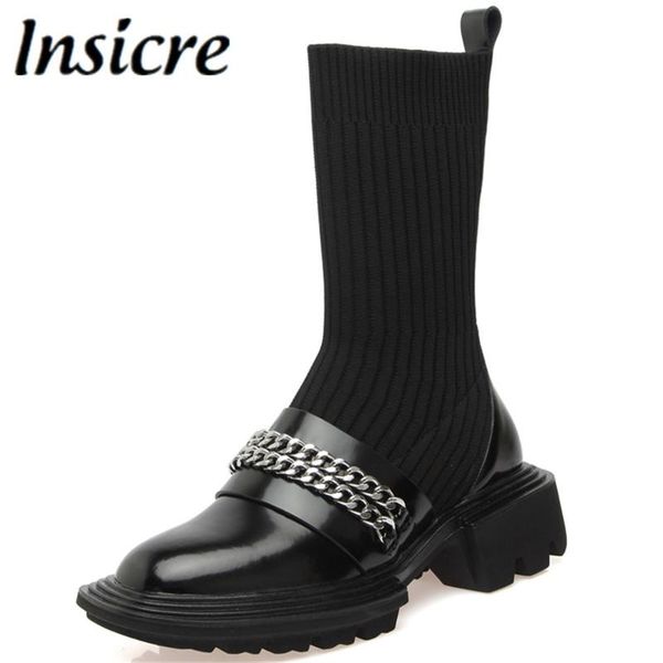 

boots insicre black genuine leather knitting square toe motorcycle ankle fashion chain decor autumn thick heels party shoes