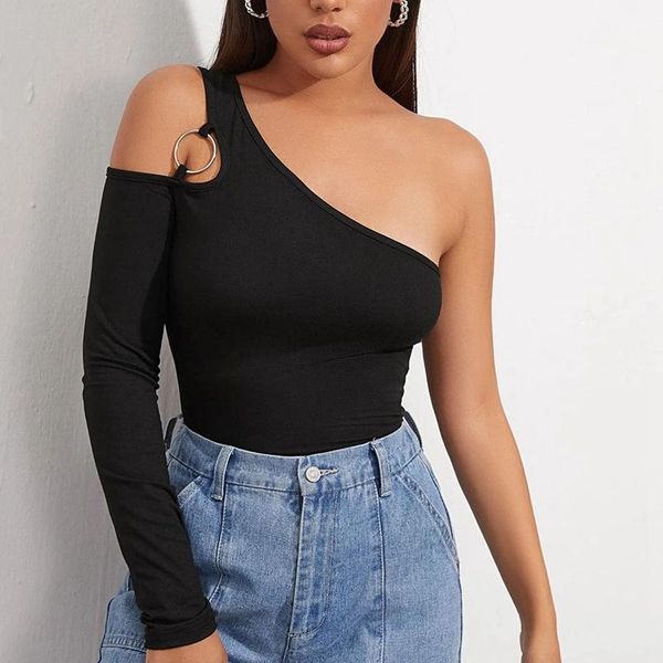 

women's t-shirt fashion strapless tight one shoulder irregular black, White
