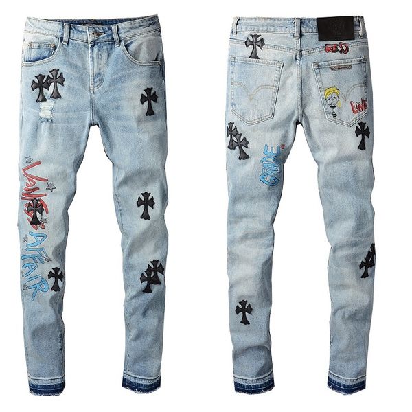 

fashion luxurys designers mens jeans motobike embroidered printed summer style trousers ripped holes casual slim denim pants, Blue