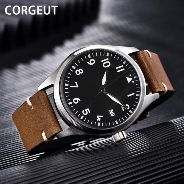 

wristwatches corgeut simple classic men mechanical watches business waterproof watch genuine leather automatic herrenuhr, Slivery;brown