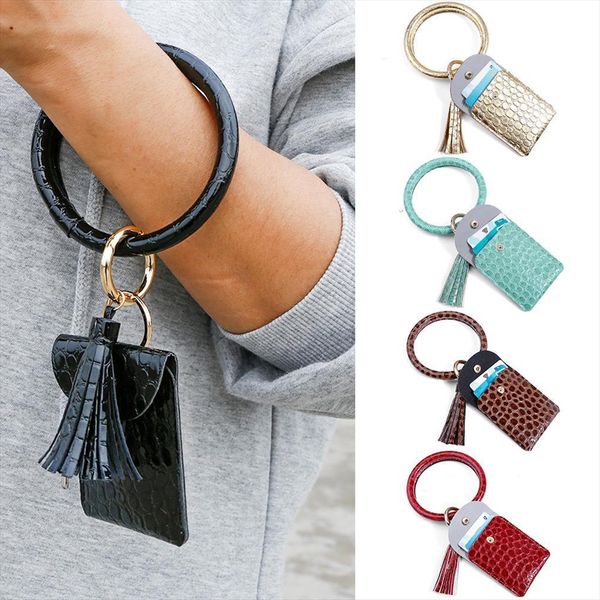 

women card holder purse pu leather bracelet keychain leopard crocodile pattern wallet coin bag with tassels keyring pendant, Red;black