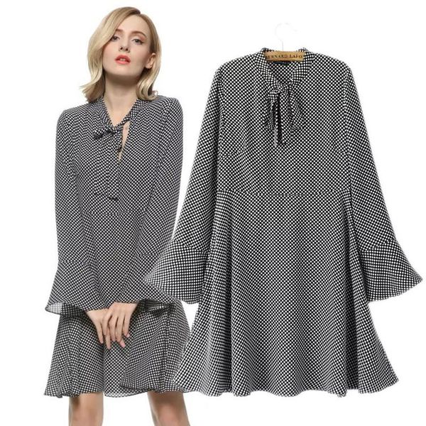 

casual dresses spring autumn women vestido plus size fashion bowting slim dot flare sleeve chiffon dress for large one-piece, Black;gray