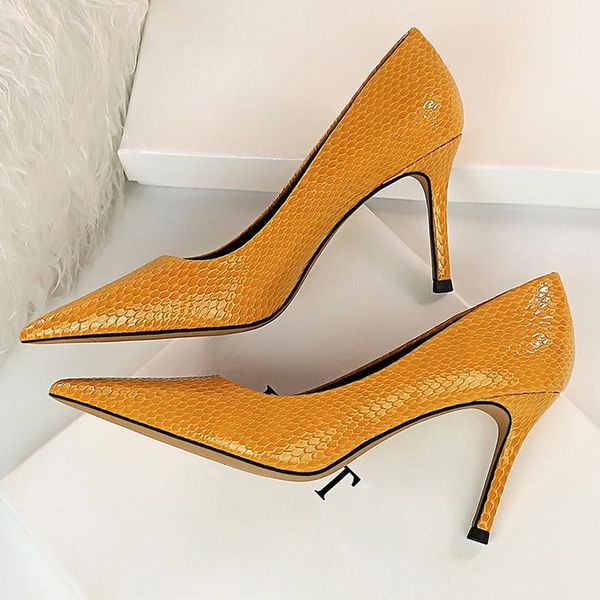 

dress shoes 2021 women 8cm high heels pumps lady scarpins yellow serpentine snakeskin office wedding bridal talon stiletto, Black