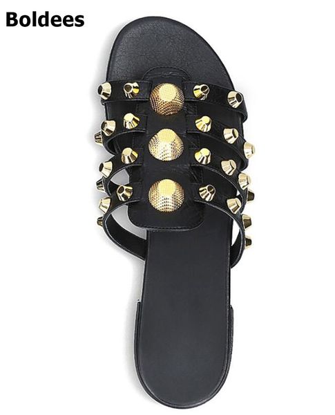 

sandals summer sandals silver flat rivets leather straps ladies cut slip in women's fashions cargo slippers 9m5k, Black