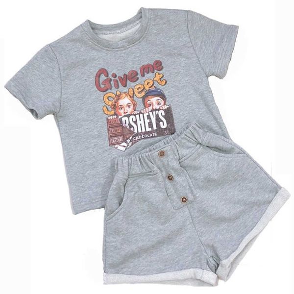 

kids summer cotton clothes set for girls fashion tees outfit clothing korean letter and shorts causal 210529, White