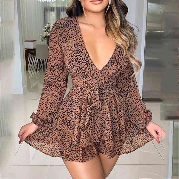 V Boyun Fener Kol Tulum Kadınlar Bahar Sonbahar Leopar Baskı Fırfır Geniş Bacak Boho Vintage Tulum Playsuits 210415