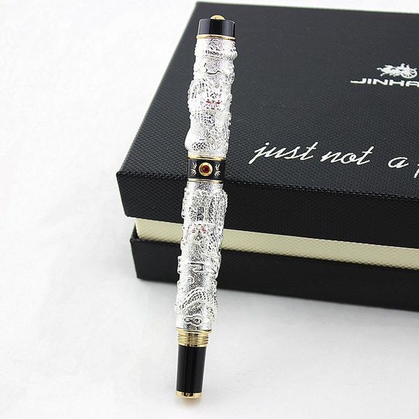 

jinhao vintage luxurious fountain pen double dragon playing pearl, silver metal carving embossing heavy for office pens
