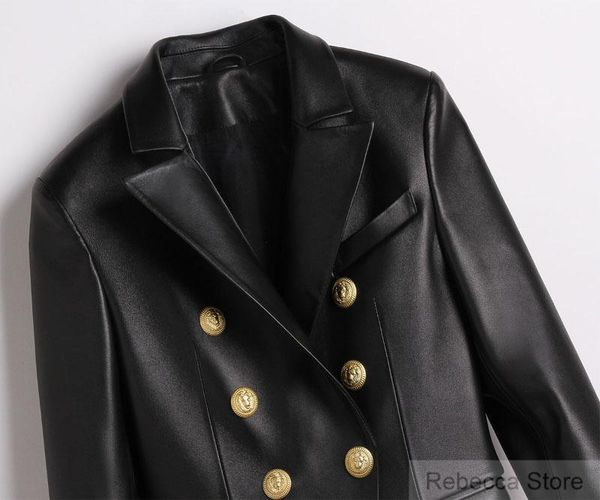 

women's leather & faux [elfstyle] -woman luxury classic soft lambskin fitted blazer with double breasted buttons notched collar peaked, Black