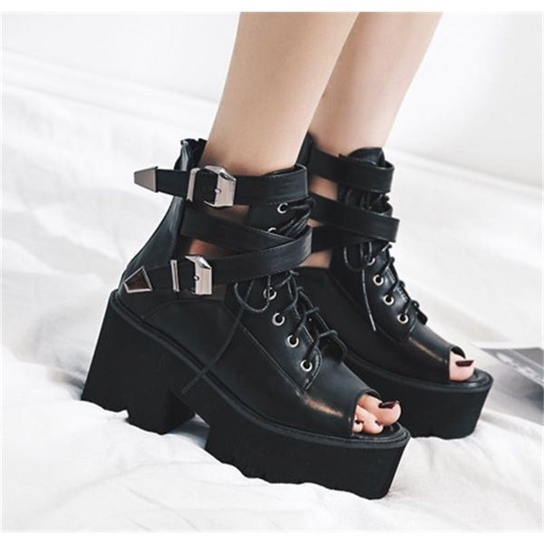 

boots summer thick bottom muffin heel belt buckle high slope, Black