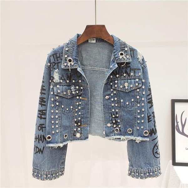 

women's jackets 2021 spring autumn women heavy bead rhinestone drill graffiti hole short jeans jacket femme outerwear denim coat, Black;brown
