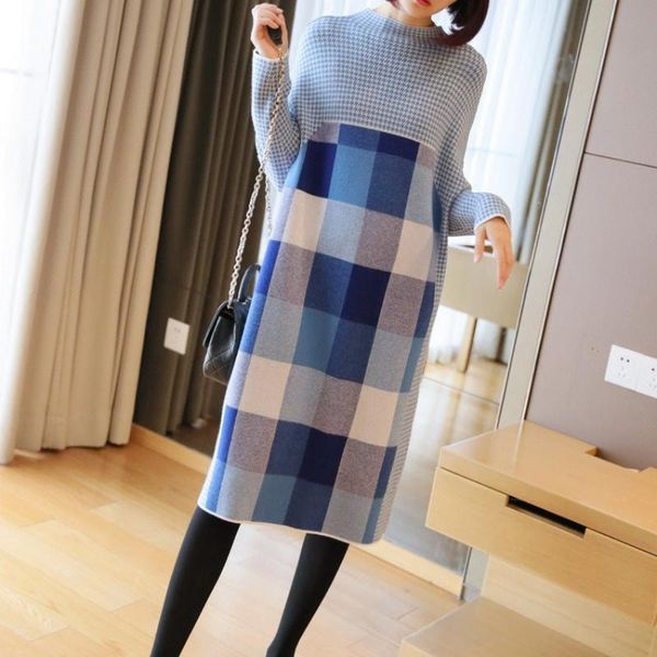 

casual dresses elegant o-neck plaid women thicken knit sweater dress 2021 autumn winter knitted loose female a-line soft korean ladies, Black;gray