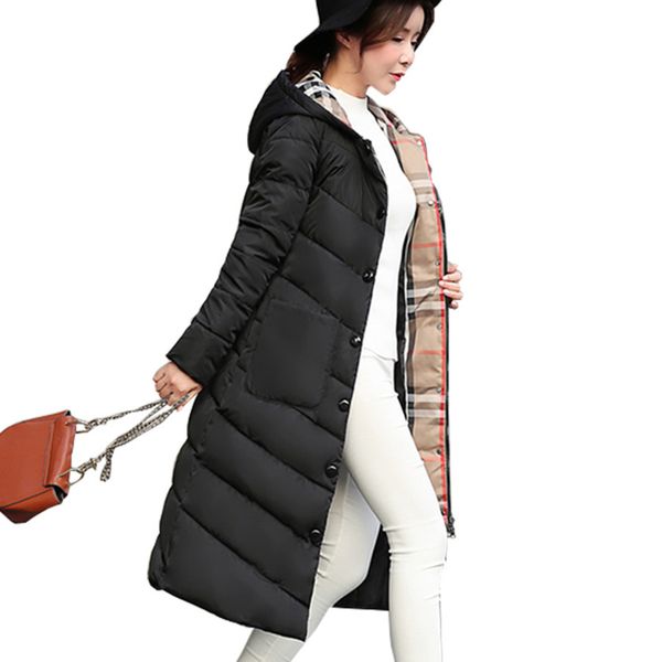 

long down hooded womens winter windbreaker buttons jacket thick cotton pocket women outer parker coat solid color clothing, Black