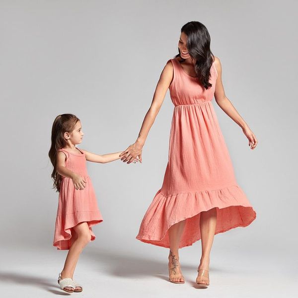 

summer family matching outfits 3-pcs sets sling high low ruffle dress mom and daughter baby girls clothes, Blue