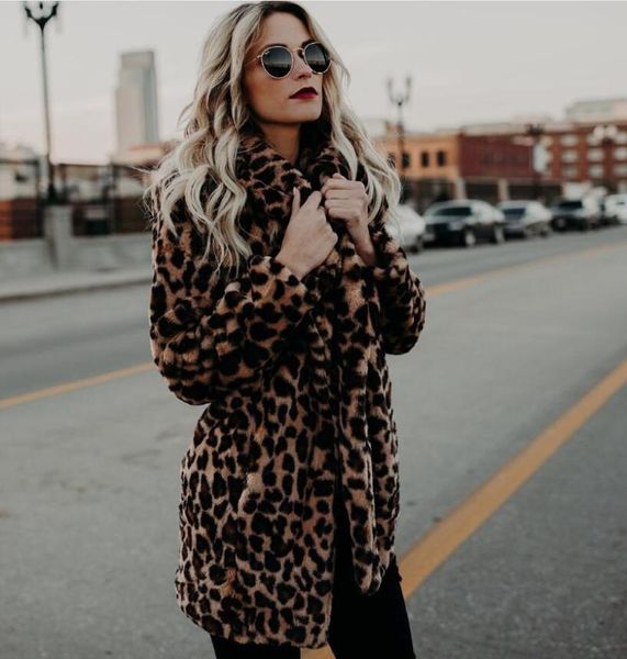 

women's fur & faux plus size autumn and winter coat warm fashion leopard print lapel jacket imitation, Black