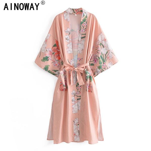 

women's swimwear vintage women peacock pink floral print sashes bohemian robe ladies v neck batwing sleeves happie maxi kimono, White;black