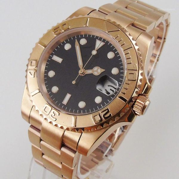 

wristwatches rose gold coated japan nh35 24 jewels automatic male wristwatch brushed bezel insert oysterÂ bracelet strap, Slivery;brown