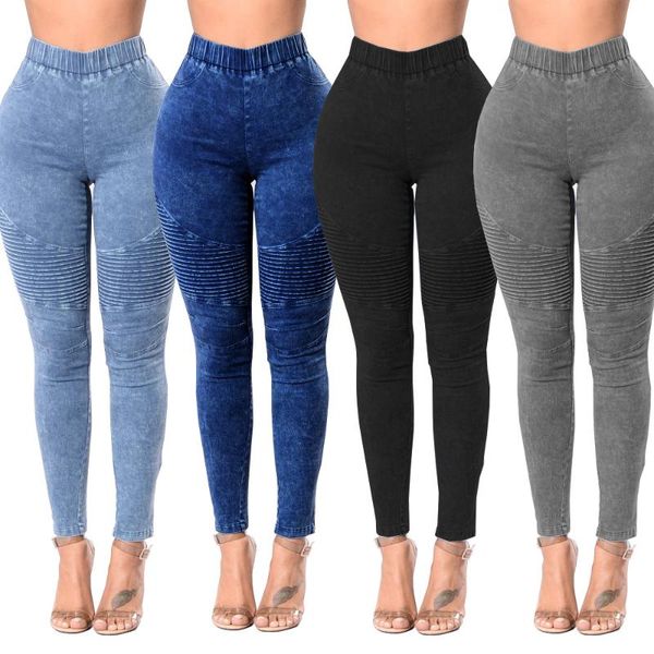

women fashion european and american women's boutique high waist elastic hip jeans wrinkled pencil pants skinny, Blue