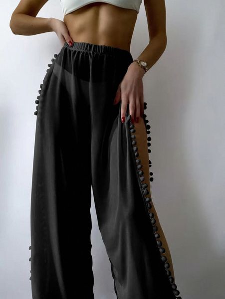 

chiffon pom-pom trim cover up pants i8tr#, White;black