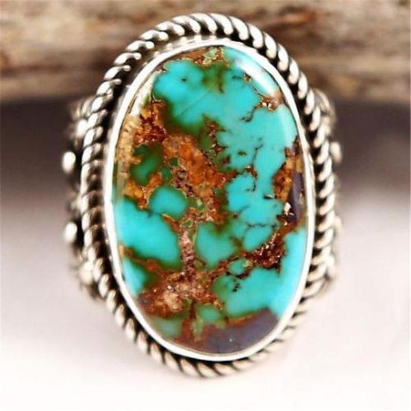 

cluster rings vintage antique natural stone for women ancient silver color man oval turquoises finger ring wedding party jewelry gift, Golden;silver