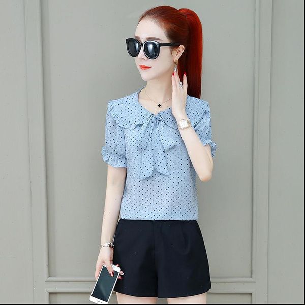 

womens shirt women spring summer style chiffon blouses shirts lady casual polka dot peter pan collar bow tie decor blusas, White