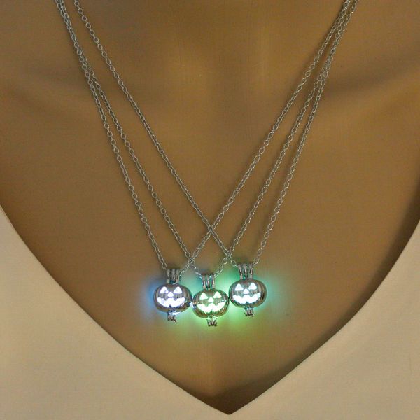 

halloween hollow glowing pendant necklaces women fashion sliver plated pumpkin lantern shape luminous necklace, Silver
