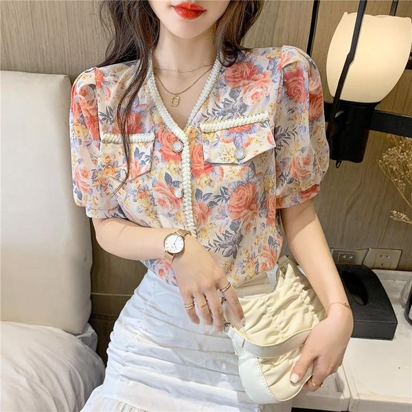

women's blouses & shirts real po 2021 summer korean chic fashion v-neck floral chiffon shirt lady, White