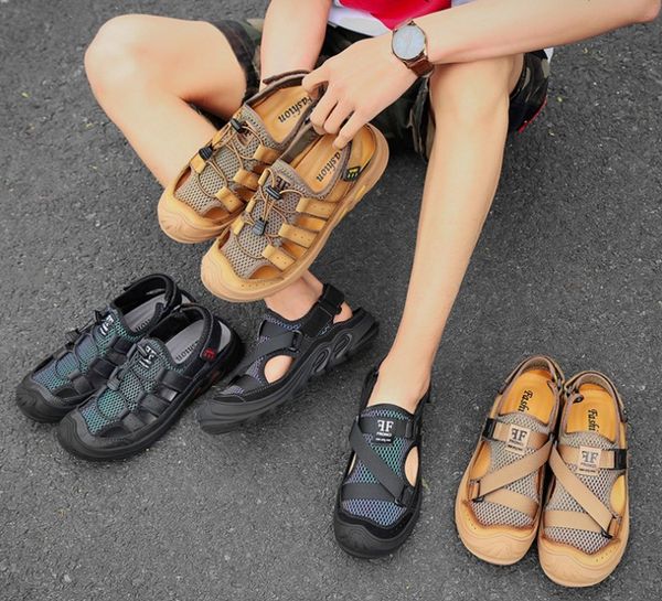 

summer sandals breathable men shoes leather mesh outdoor sneakers mens antiskid beach sandal hollow footwear, Black