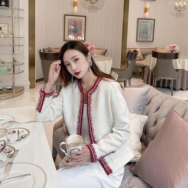 

women's jackets fall winter o-neck short red tassles stitching elegant tide white woolen coat runway designer clothing, Black;brown