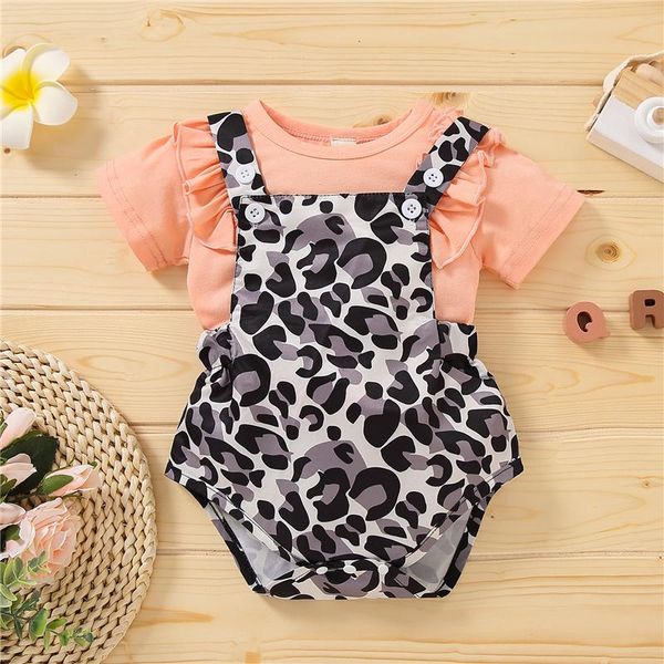 

clothing sets baby girls clothes casual set, solid color short sleeve o-neck + leopard/fruit print suspender shorts for summer, White