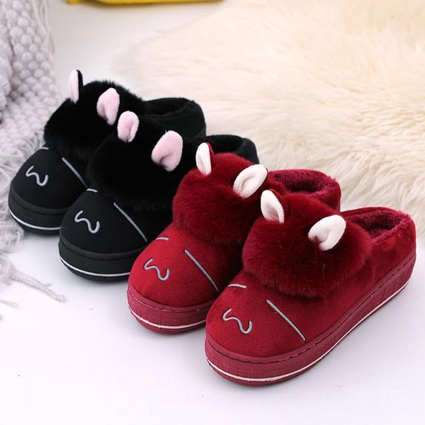 

slippers winter warm slipper shoes woman fashion ears wedges non-slip floor home indoor drop, Black