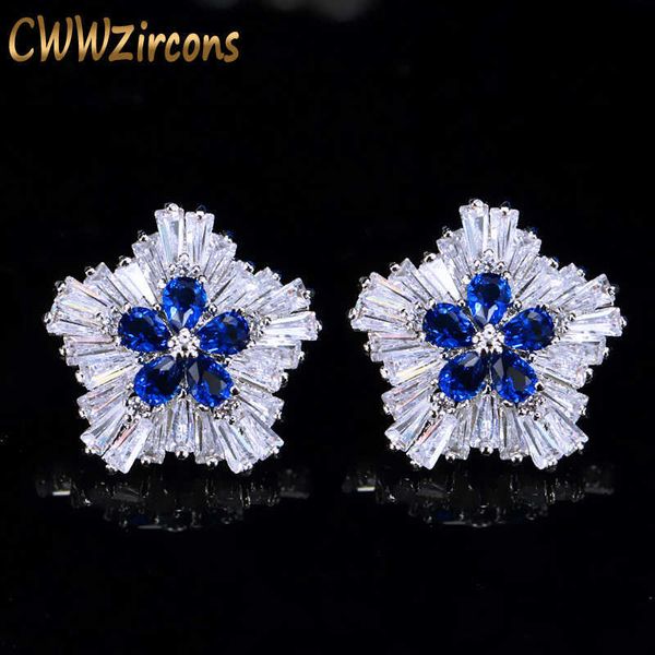 

trendy white gold color flower shape cubic zirconia big summer style women earrings with blue crystal stones cz330 210714, Golden;silver