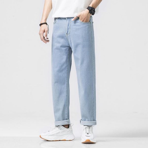 

men's jeans 2021 spring fashion brand straight solid color loose cotton ankle-length pants harajuku danim trouser, Blue