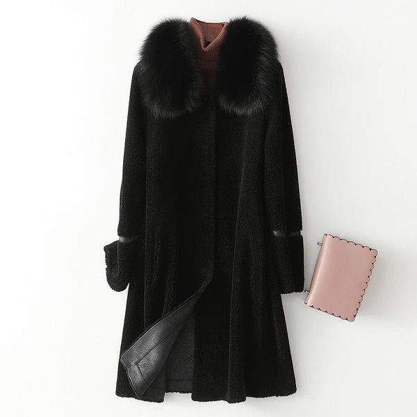 

women's fur & faux 100% genuine wool coat collar female jacket autumn winter jackets for women 2021 vintage coats ropa zjt844, Black