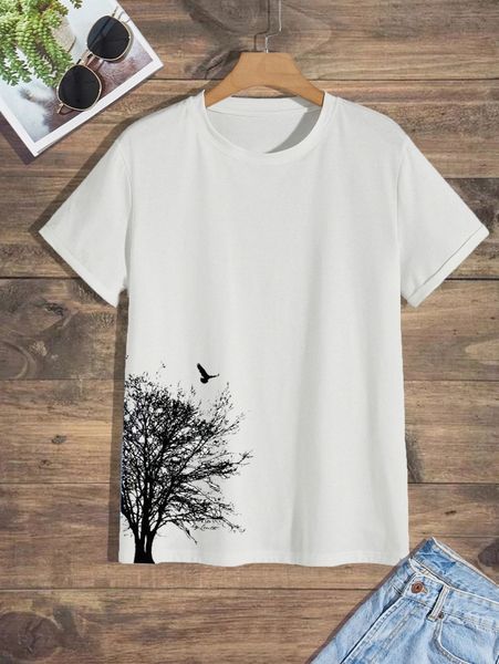 

men tree and bird print tee 32mi#, White;black