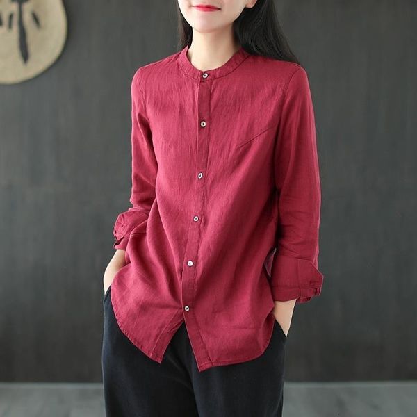 

women's blouses & shirts 2021 arrival spring/autumn women loose long sleeve o-neck blouse all-matched single breasted cotton lin, White