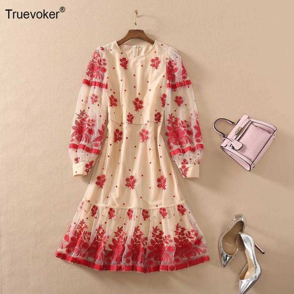 

truevoker spring runway holiday dresses lady lantern sleeve vintage red thread embroidery nude lace party dress 210602, Black;gray