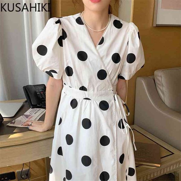 

dot woman dress korean lace up slim waist elegant dresses summer puff sleeve v-neck vestido de mujer 6j665 210603, Black;gray