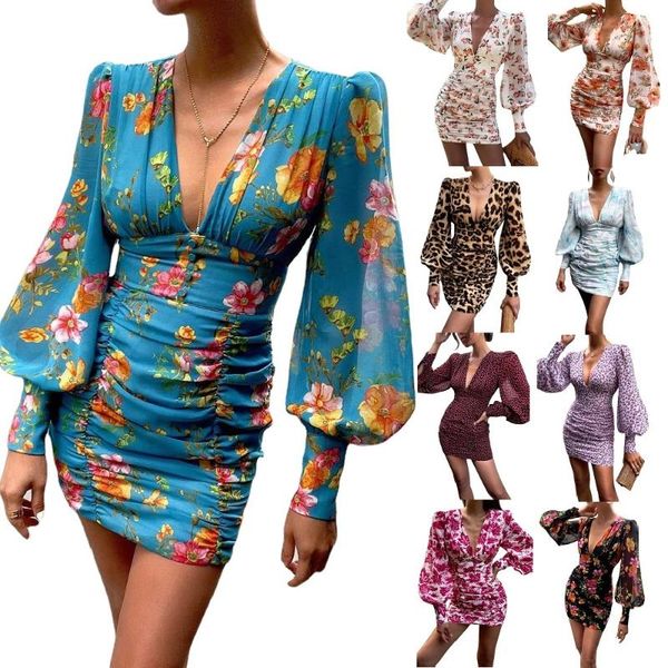 

casual dresses women vintage printing bodycon lantern sleeve v-neck mini dress ladies party, Black;gray