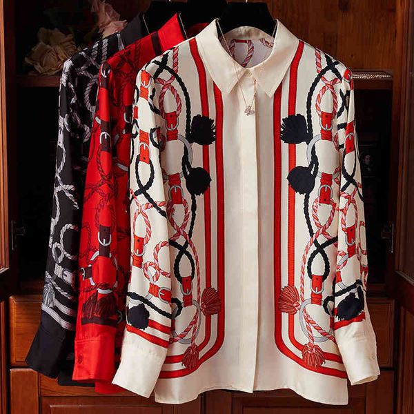 

women's blouses & shirts 2021 spring designer of elegant women long sleeves chic retro printing shirt c152a, White
