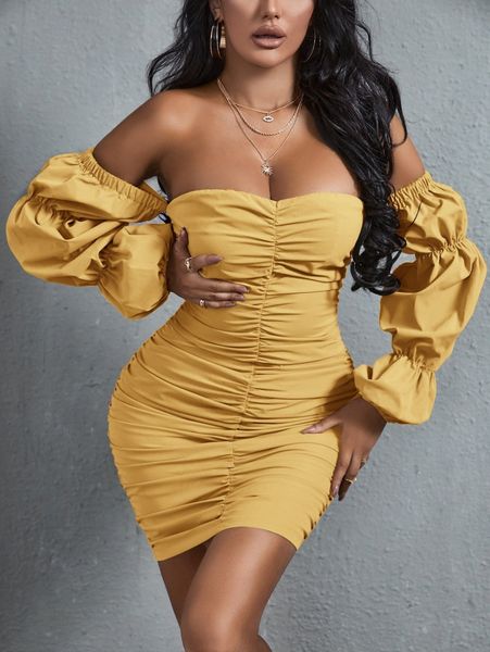 

sxy off shoulder gathered sleeve ruched bodycon dress o0ab#, Black;gray