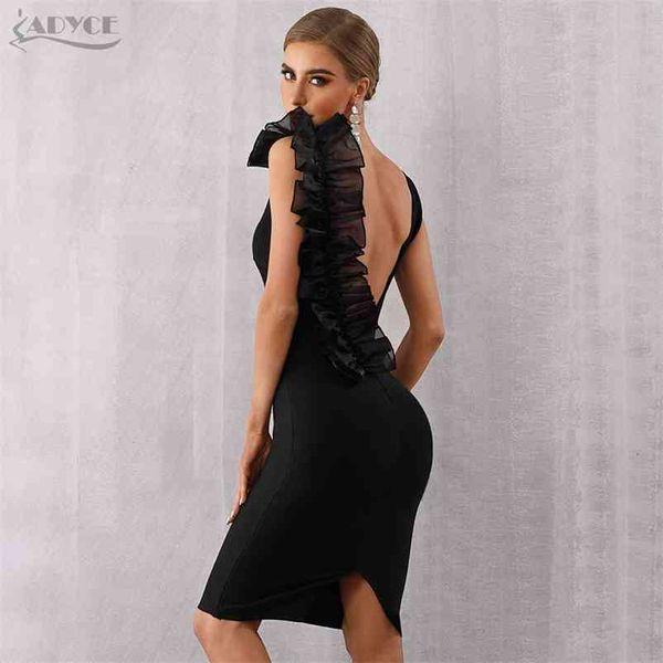 Adyce New Summer Black Bodycon Bandage Dress Donna Sexy con scollo a V Ruffles Mesh Backless Vestidos Celebrity Evening Party Dress 210409