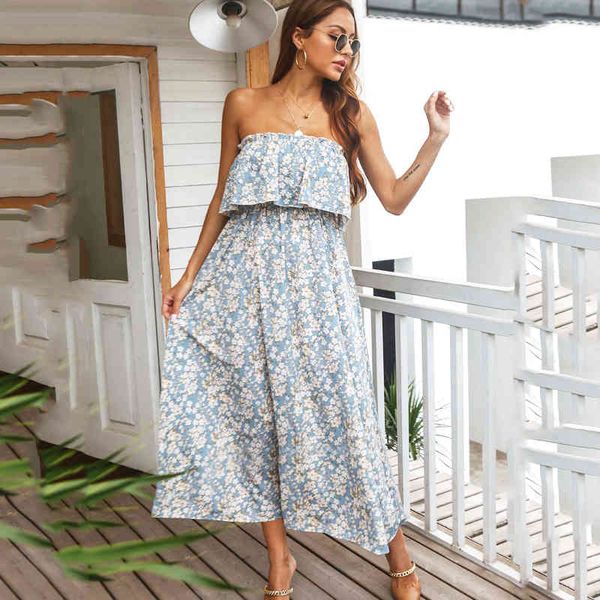 Damenmode-Boho-Strand-Print-Kleid für Damen, lässig, Röhrenoberteil, Urlaubsstil, bedruckt, trägerloses Midikleid, Vestido 210514