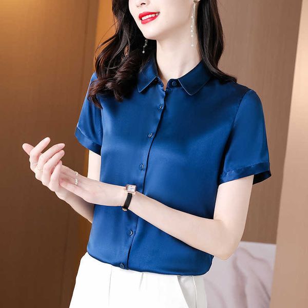 Летняя мода шелковые женские вершины и блузки сатин с коротким рукавом плюс размер XXXL черные рубашки 210531
