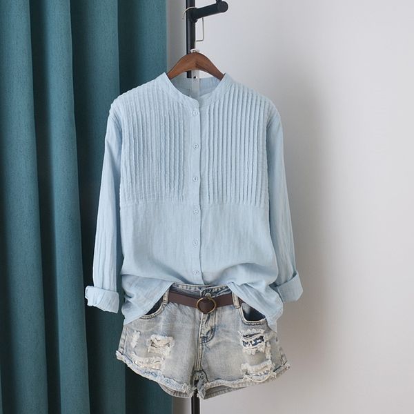 

women's blouses & shirts lamtrip retro pleated cotton yarn stand collar long sleeve white pink shirt blouse mori girl d1t7